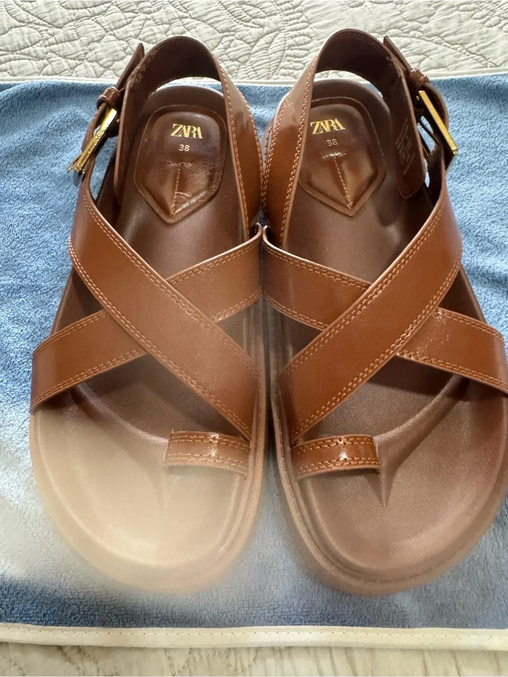 Zara Brown Crisscross Leather Women’s Sandals with Gold Buckle - Picture 2 of 5